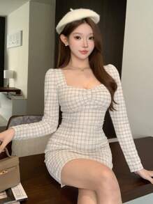 DAZY 女士修身格子泡泡袖迷你甜心领派对连衣裙，秋季连衣裙长袖连衣裙