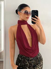 SHEIN ICON Women's Sexy Cut-Out Halter Solid Backless Sleeveless Tank Top For Going Out - Burgundy - View 6