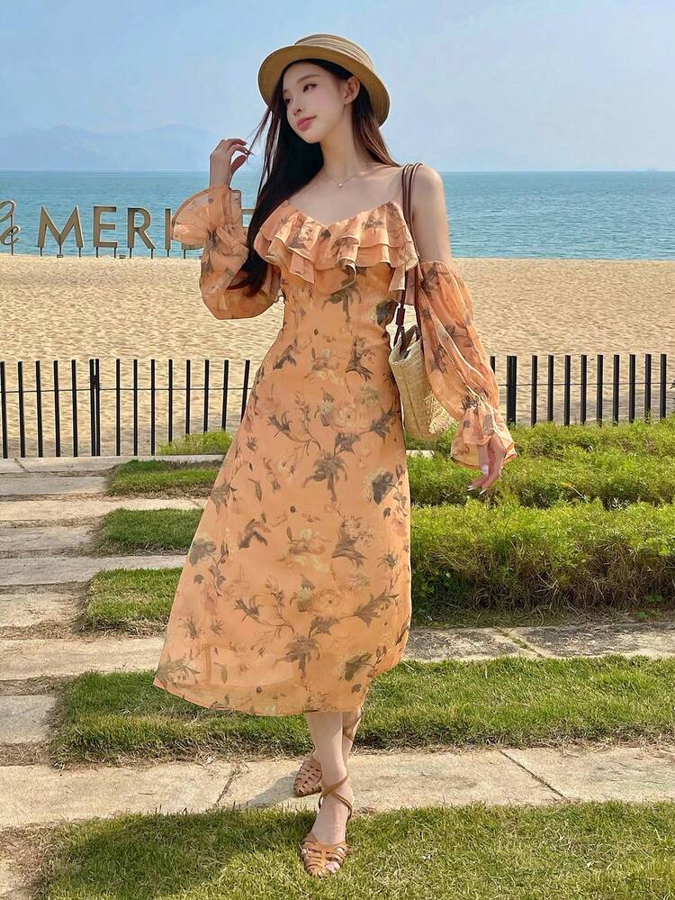 Women's Long Ditsy Floral Chiffon Ruffle Hem Spaghetti Strap Dress, Beach Vacation Style, Fall Dress Long Sleeve Dress Boho