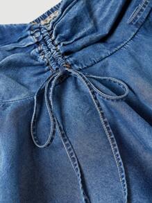 SHEIN MOD Women's Denim Mini Skirt, Casual Fitted Pleated, Blue - Medium Wash - View 4