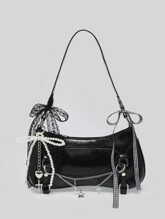 Kawaii Damen Vintage Ballett-Stil Schleife Dekor Ketten & Perle Spitze Detail Schulter Achsel Brot Tasche Umhängetasche
