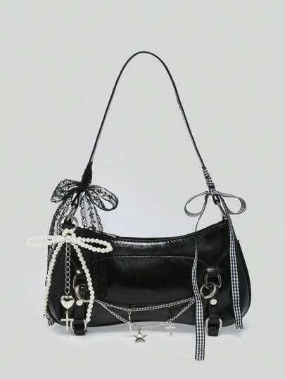 Kawaii Women's Vintage Ballet Style Bow Decor Chain & Pearl Lace Detail Shoulder Underarm Bread Bag Crossbody Bag