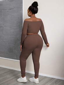 Slaydiva Plus Size Solid Color Ribbed Off Shoulder Crop Top And Fitted Leggings 2 Pieces Set For Casual & Sports Wear, Spring And Autumn - Brown - View 2