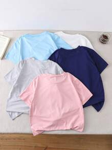 SHEIN 5 件男童刺绣短袖圆领 T 恤，颜色：海军蓝、粉色、白色、灰色、浅蓝色