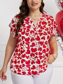 SHEIN Clasi Valentine's Day Plus Size V-Neck Short Sleeve Allover Heart Print Casual Blouse, Everyday Wear,Spring/Summer Outfits For Women - Multicolor - View 7