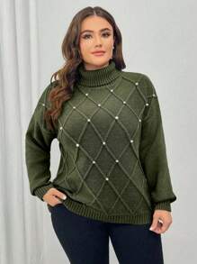 SHEIN Unity Plus Size Women Turtleneck Sweater, Rhombus Plaid Beaded Casual Pullover For Autumn/Winter - Army Green - View 5