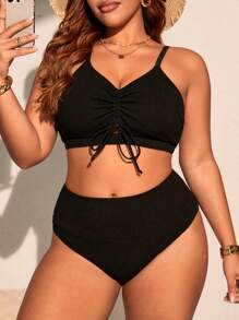 SHEIN Swim Curve Plus Size Solid Color Drawstring Round Neck Casual Women Swimwear Set For Summer Beach Vacation - Black - View 5