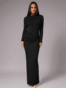 SHEIN BAE Autumn Winter Solid Coffee Brown Sexy Elegant Hollow Backless Tie Up Long Sleeve Form Fitting Ruched Fishtail Hem Dress, Suitable For Cocktail Party, Romantic Date, Layering Under Dress, Party, Formal Occasion, Night Out, Wedding Guest, Halloween, Christmas - Black - View 2