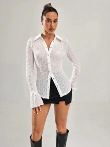 SHEIN BAE Women Casual Plain Textured Long Sleeve Blouse - White - View 4