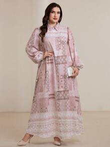 Graceveil Plus Size Elegant Geometric Print Lantern Sleeve Dress Modest - Multicolor - View 6