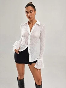 SHEIN BAE Women Casual Plain Textured Long Sleeve Blouse - White - View 6