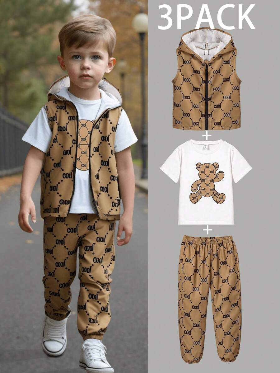 SHEIN 3pcs/Set Young Boy Casual Minimal Bear Graphic Crew Neck Short Sleeve T-Shirt, Hoodie Vest And Pants Outfit, Suitable For Casual, School, Sports, Spring/Summer - Multicolor - View 1