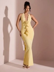 SHEIN BAE Abito aderente con scollo a V profondo, con rifiniture in pizzo, volant e coda a sirena, adatto per San Valentino, occasioni romantiche, feste, appuntamenti, damigelle, matrimonio, cocktail, uso quotidiano - Giallo - Visualizzare 5