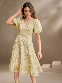 Anewsta Vestido de verano con cintura ceñida y estampado floral menudo verde para mujer en primavera - Verde - Ver 4