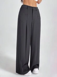 SHEIN PETITE Ladies' Solid Color Pleated Trousers