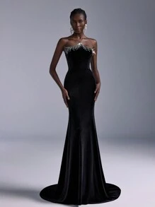 Elitara Elegant Luxurious Black Velvet Crystal Tassel Decor Bodycon Mermaid Maxi Dress, Wedding Guest Dress, Suitable For Evening Party, Gala, Single Party And Various Occasions, Formal Dress,Gown