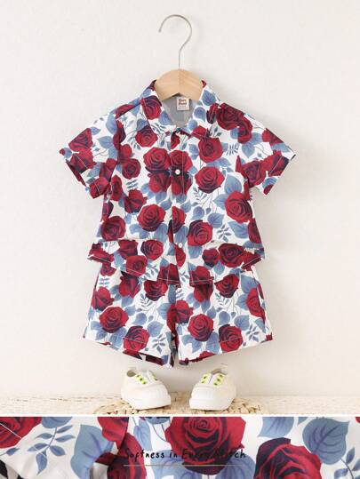 Cozy Pixies 2件套男婴玫瑰图案短袖衬衫和松紧腰短裤套装