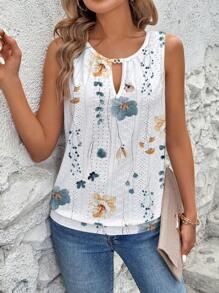 Breezaya Women's Spring/Summer Holiday Casual Embroidered Jacquard Jacquard Keyhole Neck Sleeveless Tank Top - White - View 5