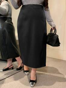 Dazy Plus Solid Color PU Leather Fitted Mid-Length Side Slit Skirt, Year-Round - Black - View 5