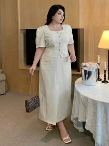 Dazy Plus 2 Pieces Set: Plus Size Solid Color Cropped Top And Front Slit Skirt, White, Spring/Summer