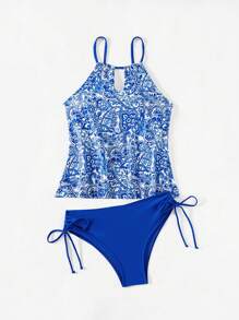 Swim Lushoire 夏季 1 件女式蓝色花卉印花可调节肩带抽绳腰部成熟两件套比基尼 - 藍色 - 查看 6