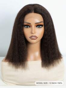 Tóc giả Bob thẳng Kinky Tóc thật trong suốt Ren phía trước Tóc giả uốn xoăn T Part Tóc giả Yaki Bob màu nâu sẫm - S2 - Xem 5