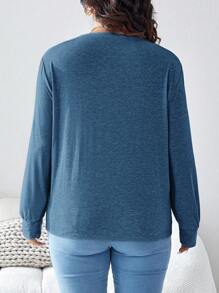 SHEIN LUNE Plus Size Women's Casual Blue Round Neck Long Sleeve T-Shirt Holiday Outfit - Blue - View 2