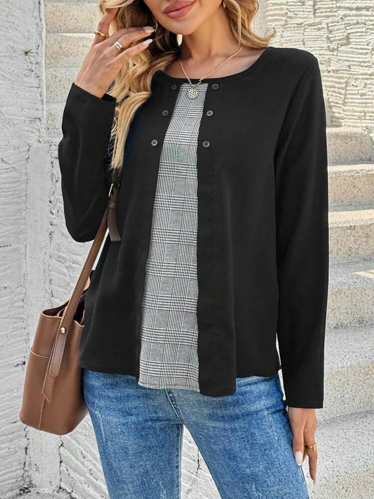 Chemise casual à manches longues pour femmes avec motif pied-de-poule en patchwork