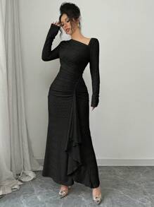 Elenzga Đầm Maxi Dệt Kim Họa Tiết Màu Trơn Tay Dài Cổ Bất Đối Xứng Ôm Sát Cơ Thể Xếp Ly Thời Trang Thanh Lịch Cho Nữ Đi Làm Văn Phòng - màu đen - Xem 7
