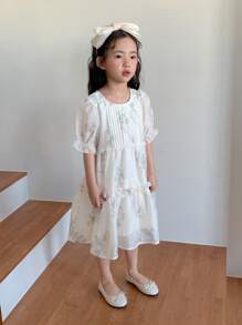 DAZY Young Girl Girls Ditsy Floral Princess Style Short Sleeve Casual Dress For Summer - Beige - View 5