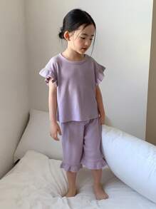 DAZY 年轻女孩简约时尚休闲日常上衣和裤子休闲套装，女孩夏季服装 - 紫色 - 查看 4