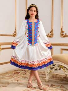 Tween Girl Floral Print Mix Faux Fur Design Long Sleeve Dress - Multicolor - View 3