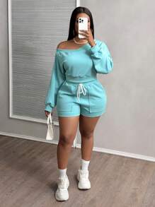 Slaydiva Conjunto informal de 2 piezas con pantalón corto con bolsillos azules y blusa escote en V talla grande - Azul - Ver 1