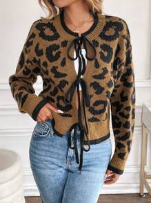 SHEIN Unity Women's Leopard Print Jacquard Tie Long Sleeve Cardigan - Brown - View 6