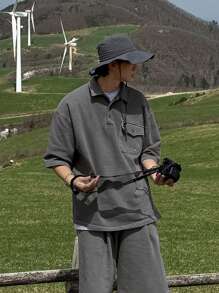 DAZY Summer Plain Gray Outdoor Short Sleeve Polo Shirt And Shorts Set For Men - Grey - View 1