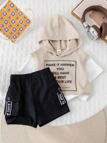 SHEIN 2pcs/Set Tween Boy Beige Summer Streetwear School Back-To-School Letter Print Oversized Hooded T-Shirt & Contrast Drawstring Cargo Shorts Set,Travel - Khaki - View 3
