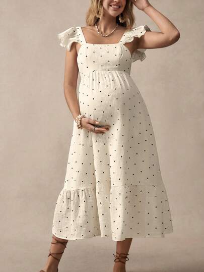 Boho Mama Pregnant Women's Casual Square Neck Cap Sleeve Polka Dot Print Midi Dress Maternity Dress