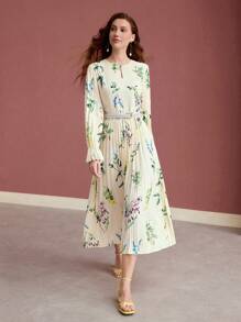 MOTF PREMIUM FLORAL PRINT PLEATED DRESS, LONG SLEEVES, ELEGANT STYLE,SPRING/SUMMER