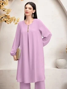 SHEIN Najma 2pcs Women Solid Color Lantern Sleeve Long Top And Pants Set - Dusty Pink - View 6