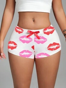Zolique Casual Sports Vacation Valentine's Day Sexy Red Lips Print And Bow Design Women's Mini Shorts