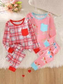 SHEIN 4pcs Young Girl Girls Unicorn Heart Plaid Print Tight-Fitting Matching Pajamas Set, Including Long Sleeve Top And Pants - Multicolor - View 1