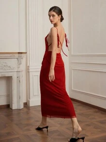 GENKIRA 女式长款优雅无袖网眼露背系带飘逸安哥拉红色连衣裙 - 酒紅色 - 查看 6