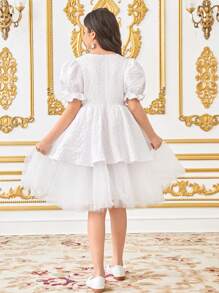 SHEIN Tween Girl Elegant V-Neck Jacquard Textured V-Neck Puff Sleeve Ruffle Hem Mesh Panel Dress In White, Suitable For Party, Gathering, Wedding, Flower Girl - White - View 2