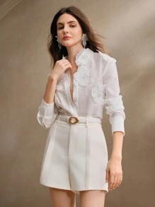 Anewsta 女式立领长袖衬衫，3D 水晶刺绣，透明时尚简约设计，适合春季服装 - 白色 - 查看 3