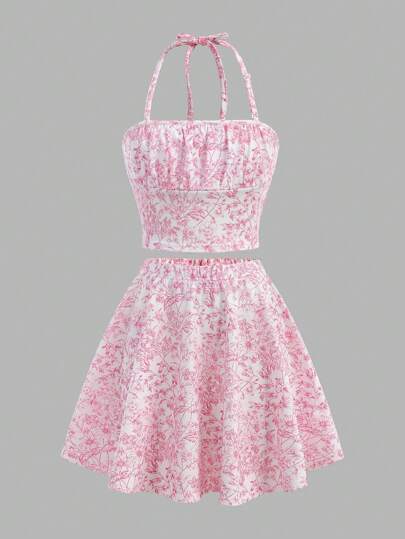 SHEIN Girlism 少女碎花针织挂脖上衣和半身裙套装