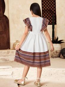 SHEIN Tween Girls Vacation Cap Sleeve Patchwork Retro Print A-Line Dress - Multicolor - View 2