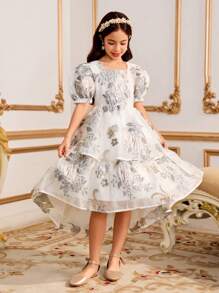 Tween Girl Floral Jacquard Square Neck Ruffle Sleeve Elegant Dress - Grey - View 5