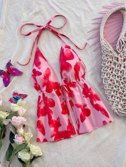 Soleia Top de tirantes informal con cuello en V, espalda anudada y teñido anudado con mariposa roja