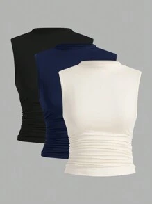 Auralis 3pcs/Set Plus Size Women Slim Fit Sleeveless Basic Camisole Spring To Summer - Navy Blue - View 11