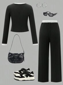 Hanevo 2pcs/Set Tween Girl Casual Contrast Color Round Neck Top And Pants Set - Black - View 3